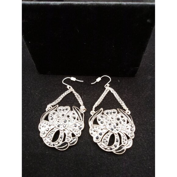 Vintage Silvertone Chain Drop Earrings Black Rhinestone Statement Dangle Gothic - Picture 14 of 14